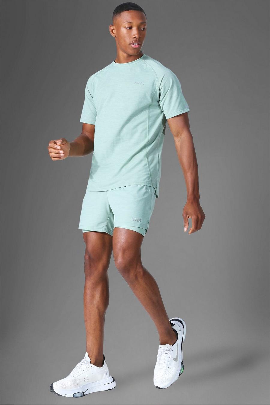 Mint Man Active Dun Mergel T-Shirt En Shorts Set image number 1