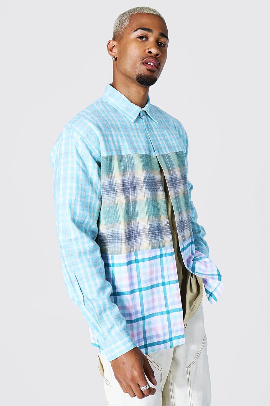 Blue Oversized Spliced Flannel Shirt image number 1
