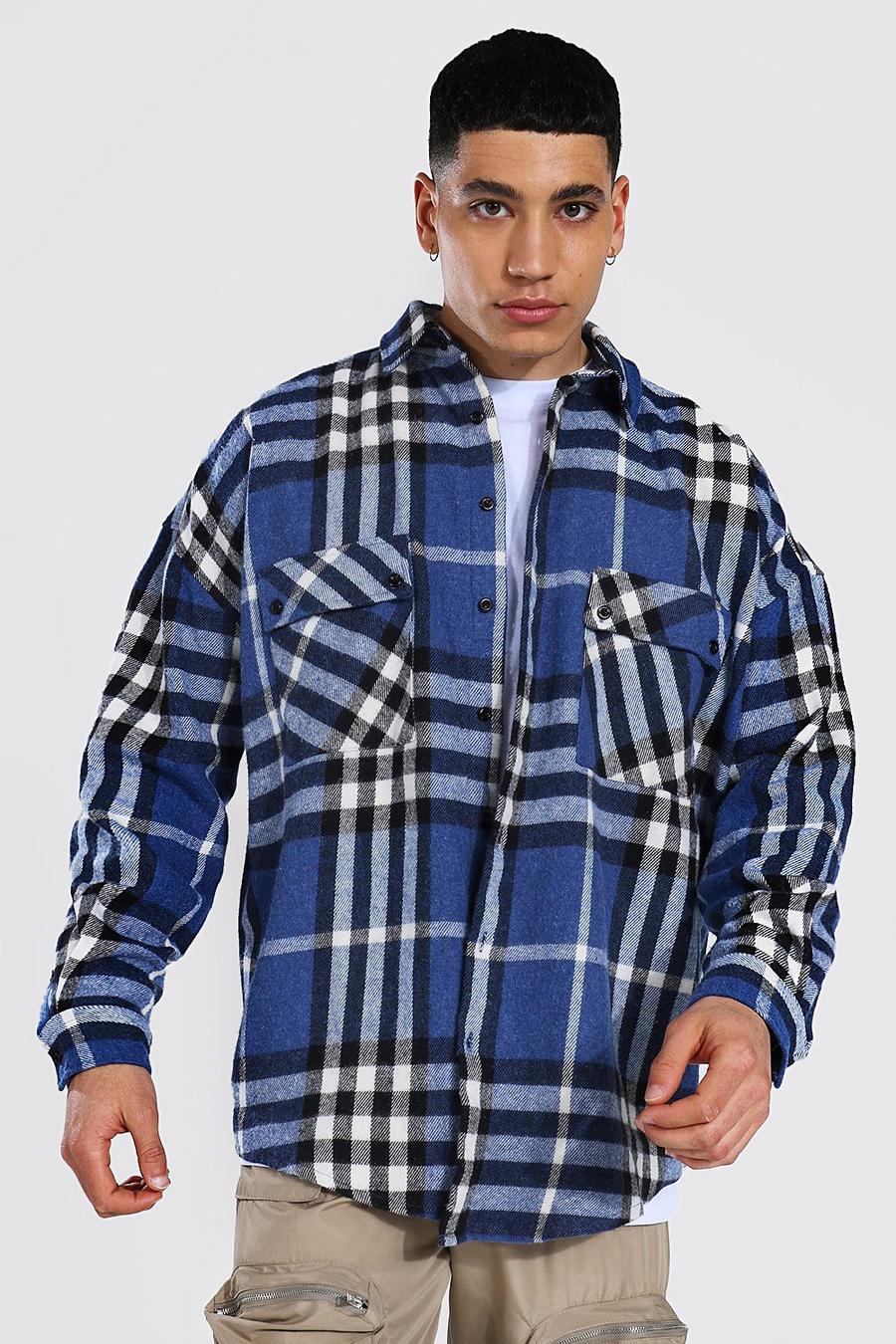 Navy Oversized Check Overshirt With Pocket Detail image number 1