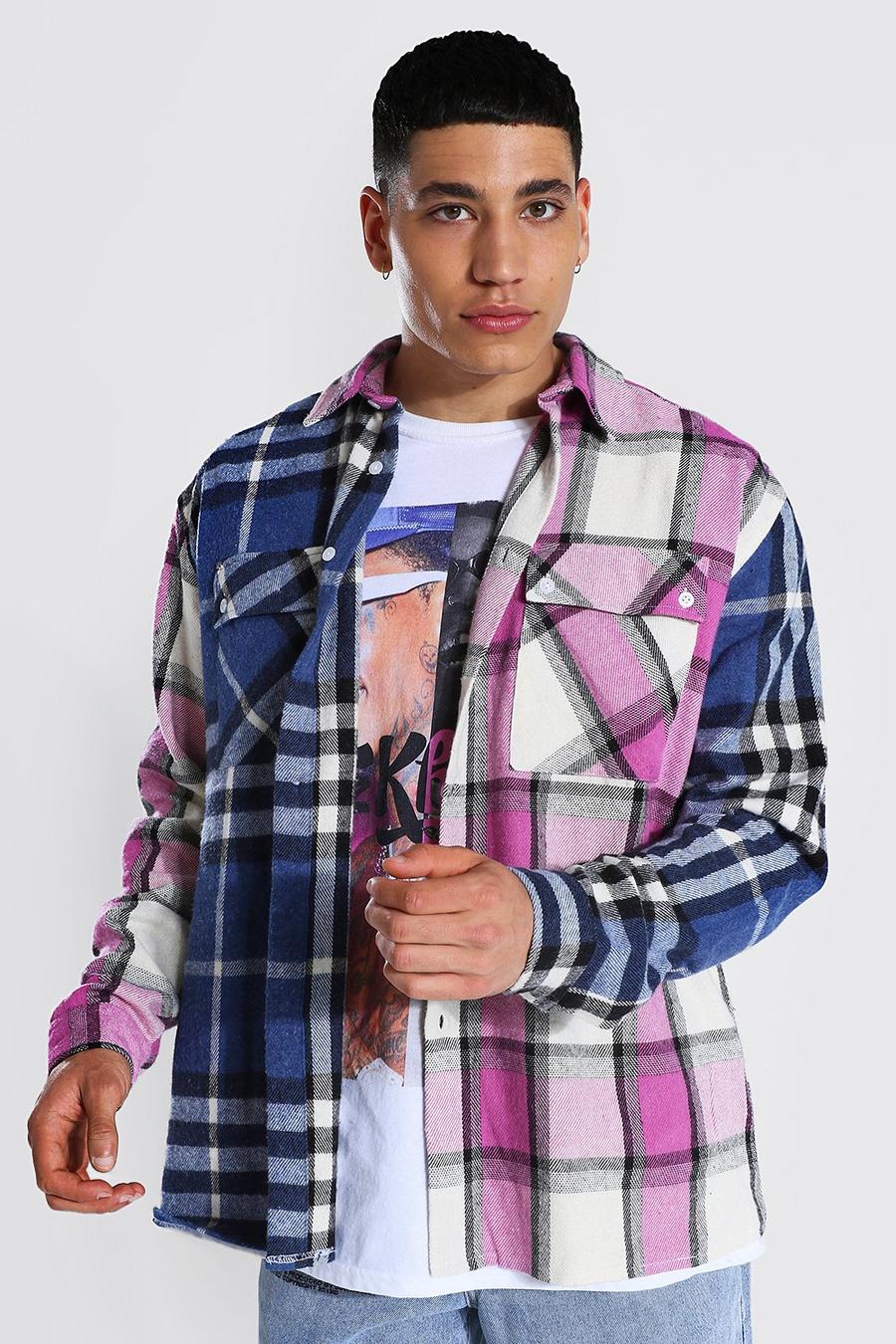 Navy Oversized Spliced Check Shirt image number 1