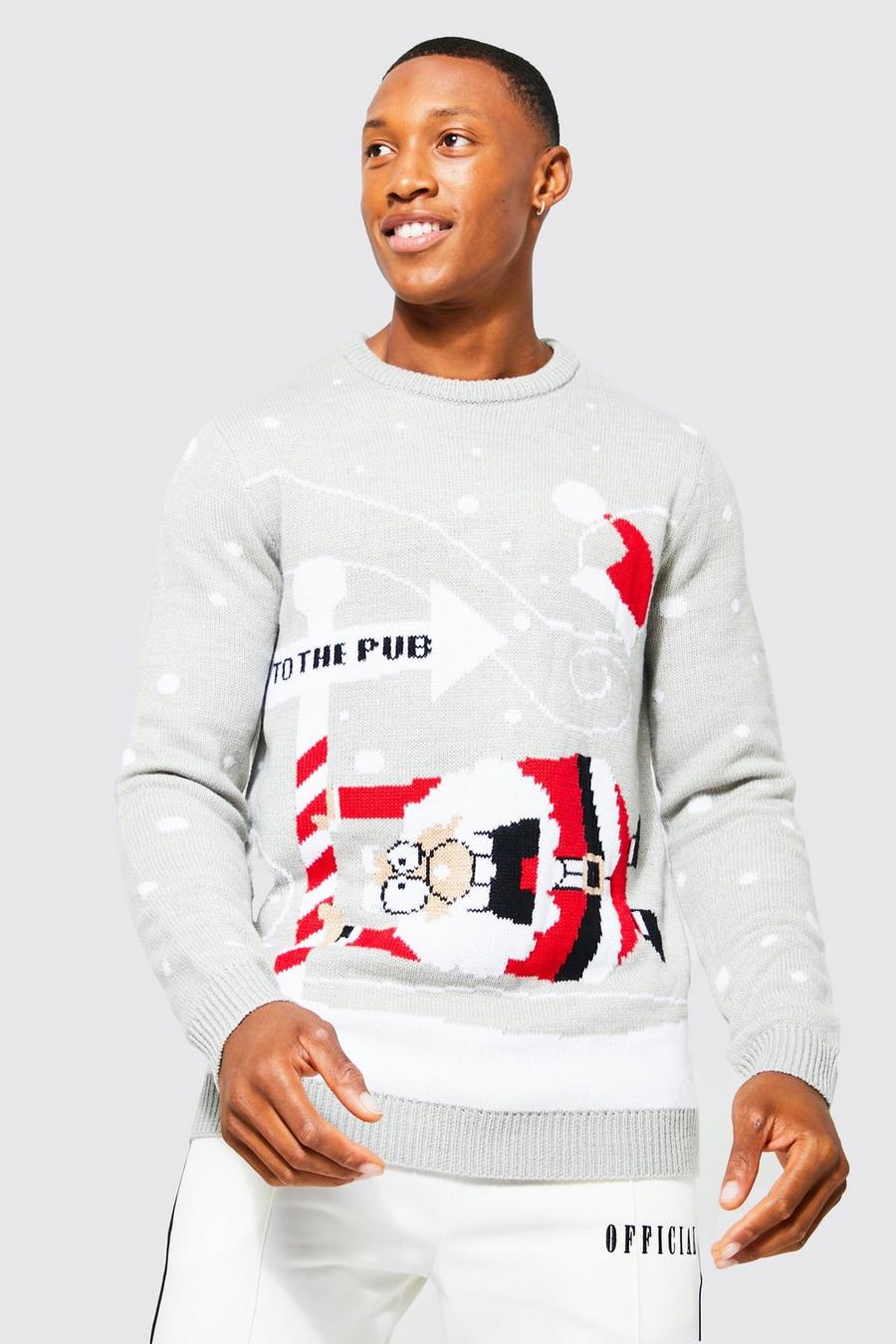 Pullover di Natale in maglia con slogan To The Pub, Grey marl image number 1