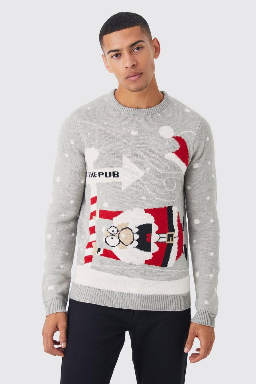 Pullover di Natale in maglia con slogan To The Pub, Grey image number 1