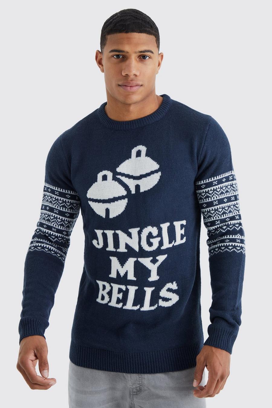 Navy Jingle My Bells Kersttrui Met Tekst image number 1