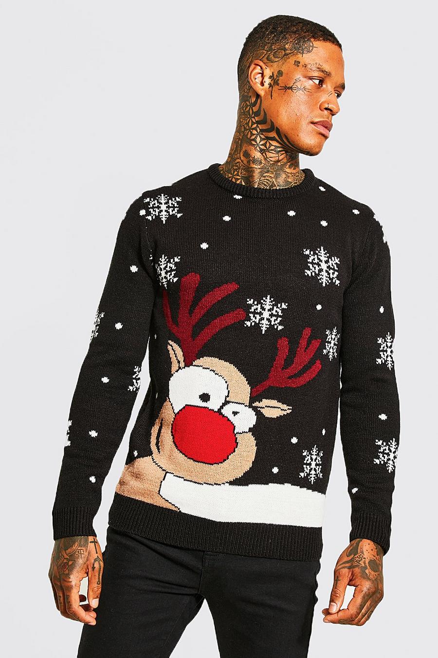 Black סוודר סרוג לחג המולד עם דוגמת פתיתי שלג ואייל הצפון image number 1