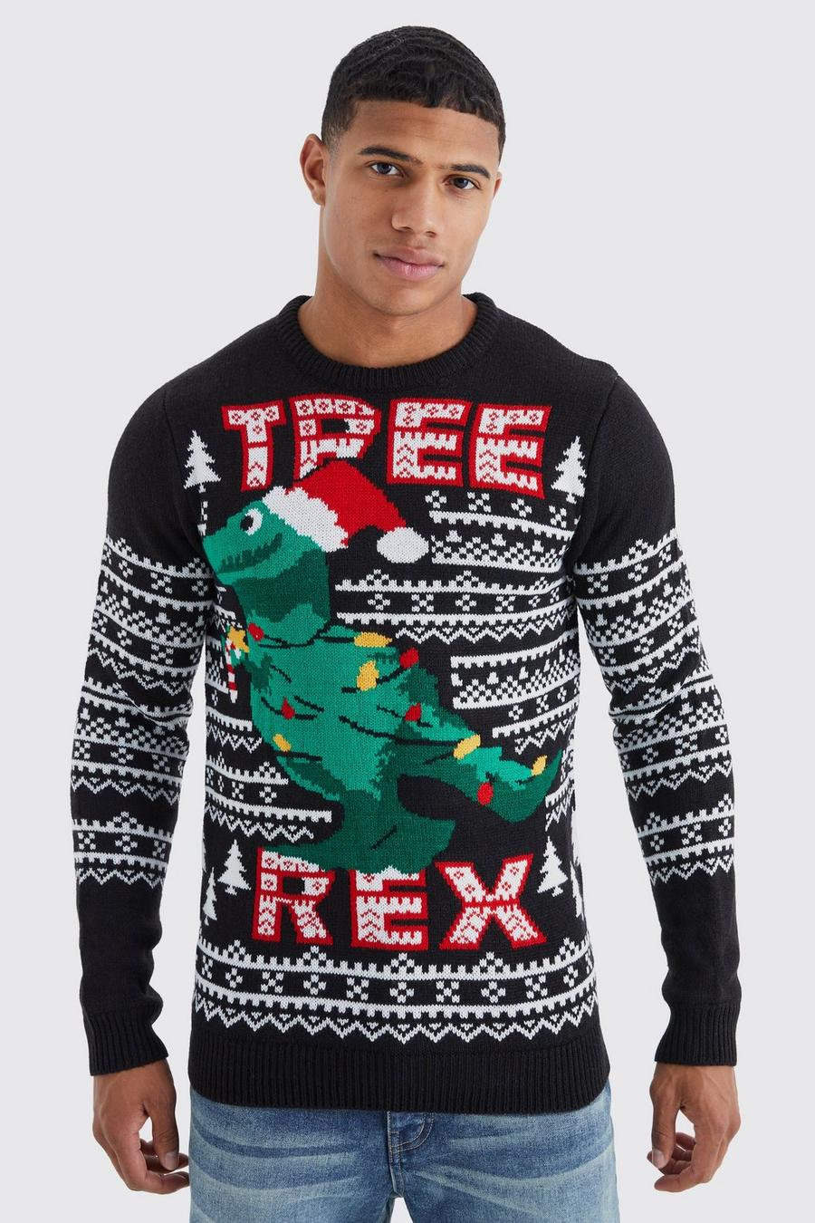 Maglione natalizio con scritta Tree Rex, Black