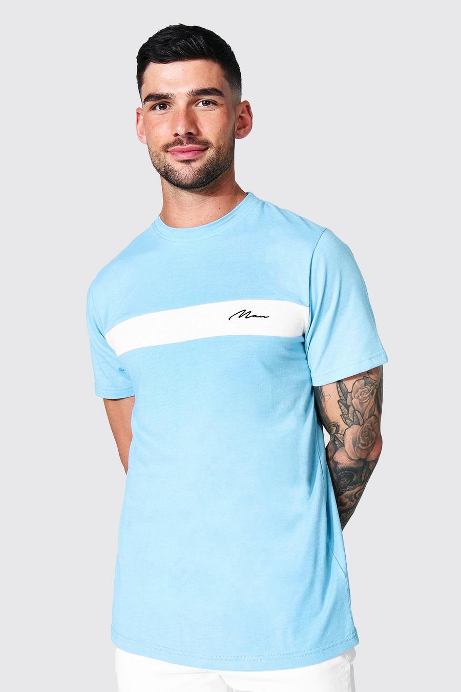 T-shirt Slim Fit a blocchi di colore con firma Man, Light blue image number 1