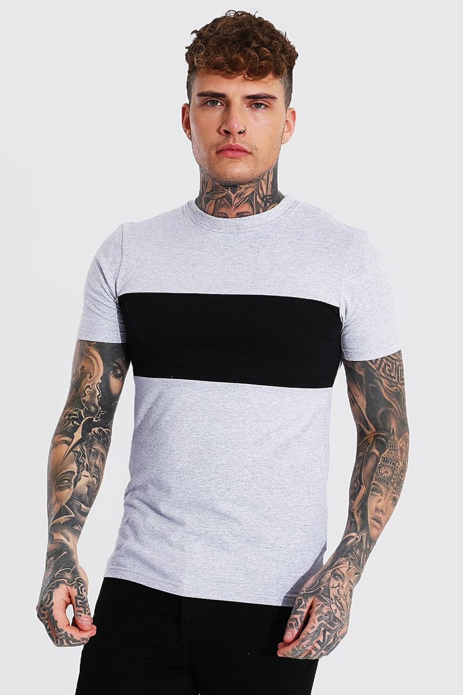 Grey marl Muscle Fit Colour Block T-shirt image number 1