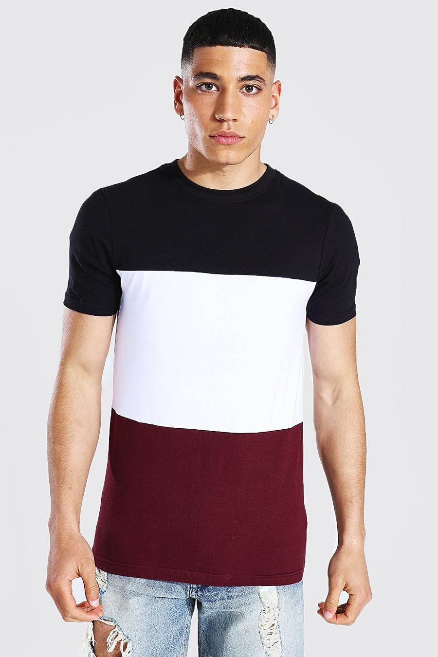 Burgundy Muscle Fit Colour Block T-shirt image number 1