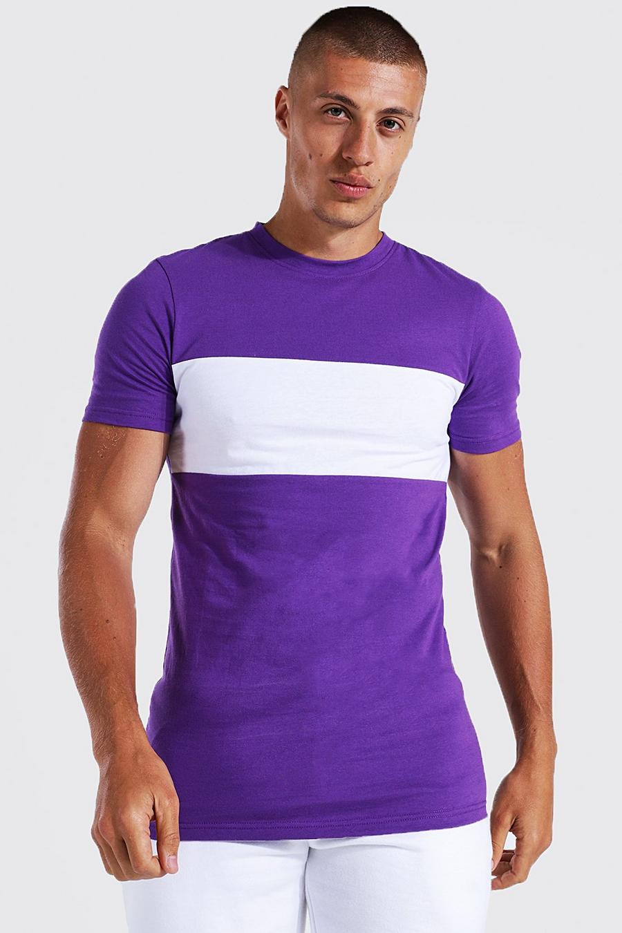 Lilac Long Line Colour Block Muscle Fit T-Shirt image number 1