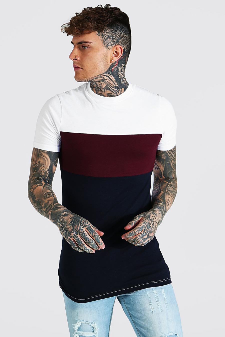 Burgundy Long Line Colour Block Muscle Fit T-Shirt image number 1
