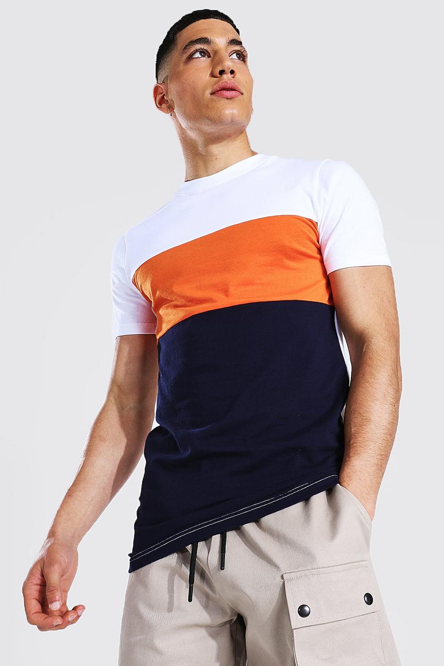 Orange Long Line Colour Block Muscle Fit T-Shirt image number 1