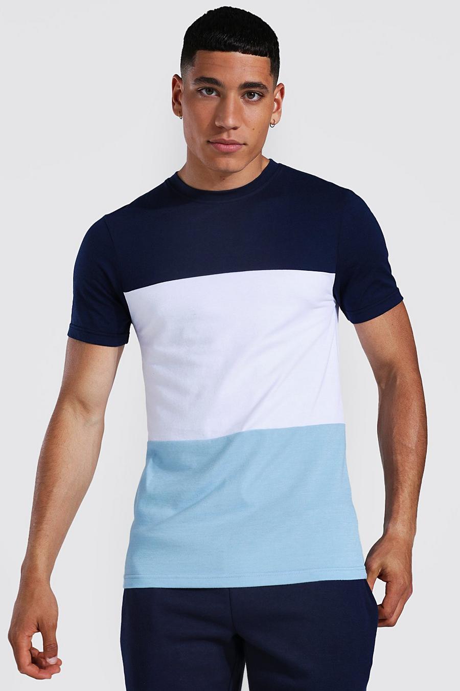 Light blue T-shirt i muscle fit med blockfärger image number 1