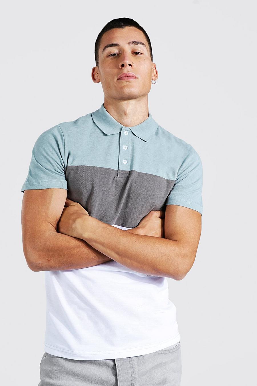 Dusty blue Muscle Fit Pique Colour Block Polo image number 1