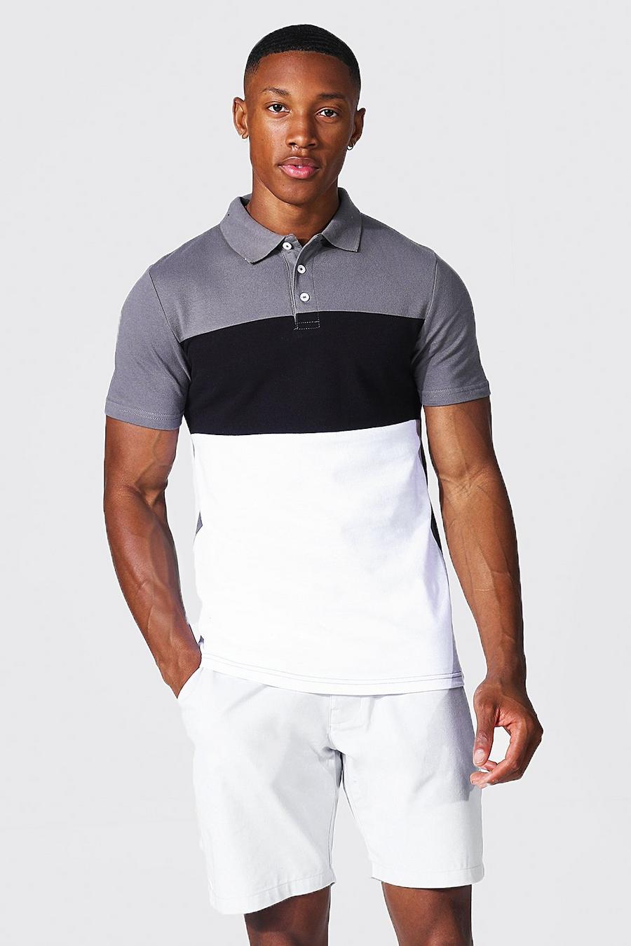 Charcoal Muscle Fit Colour Block Pique Polo image number 1