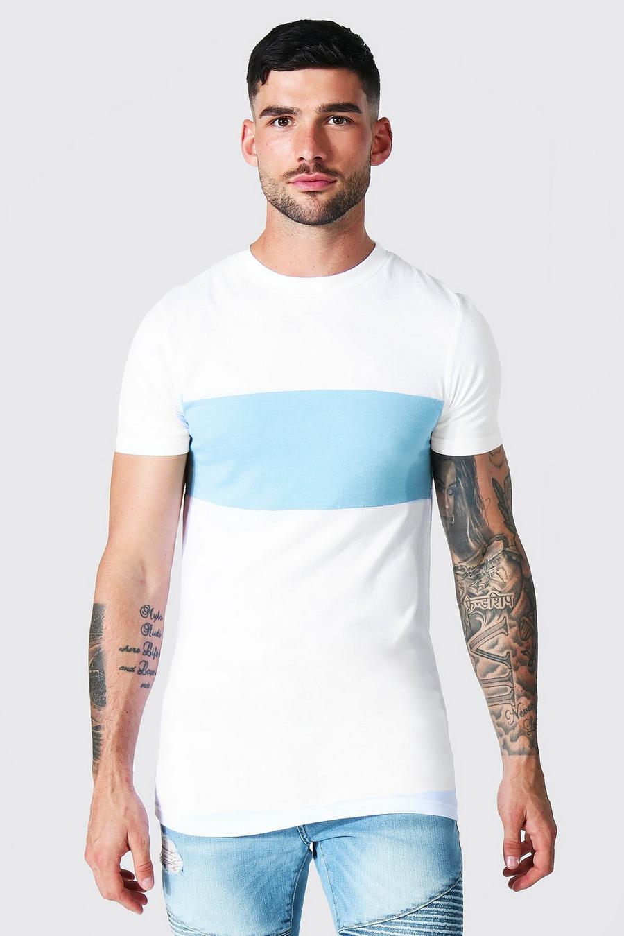 Camiseta ajustada de corte largo con colores en bloque ajustada al músculo, White image number 1
