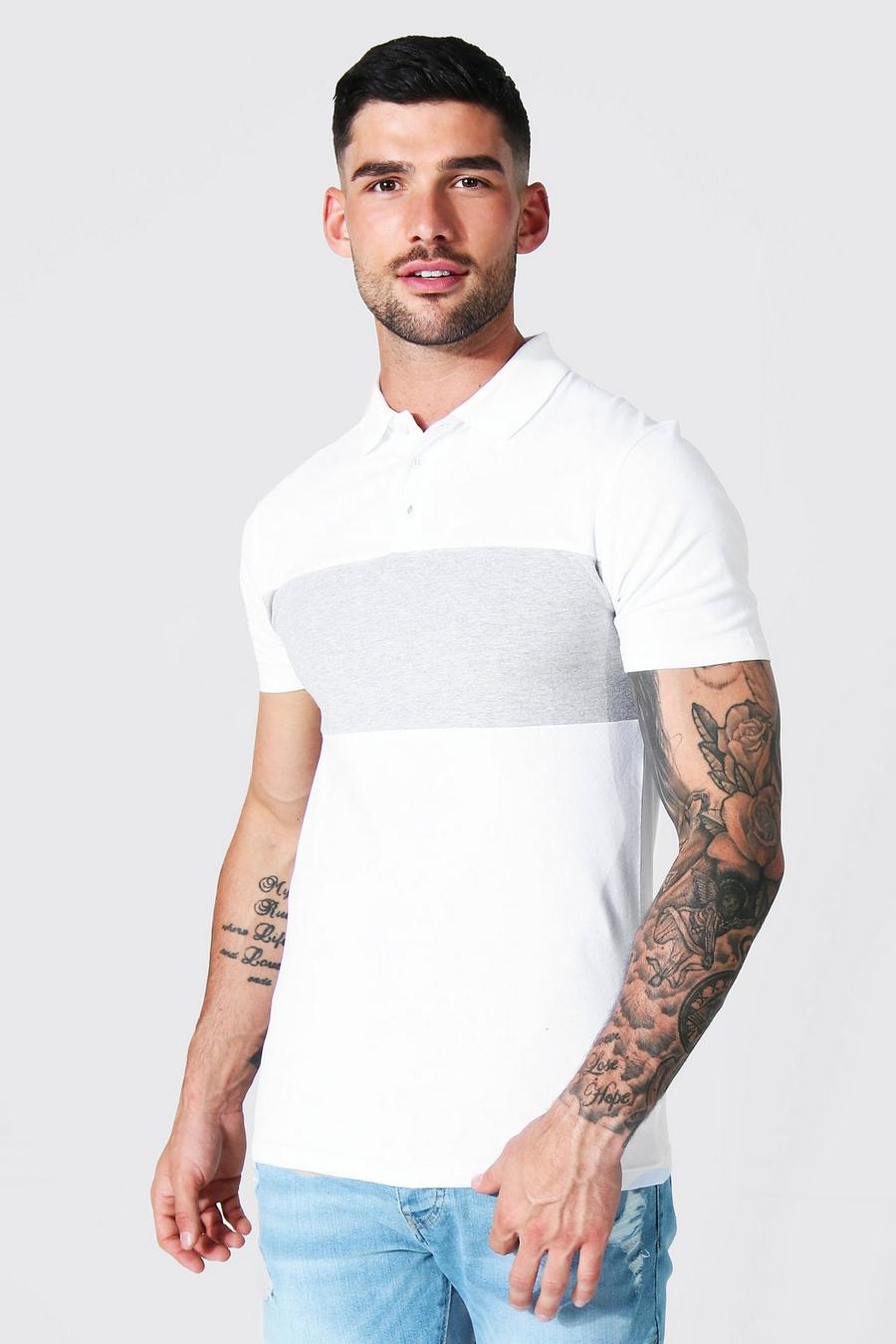 White Muscle Fit Colour Block Polo image number 1