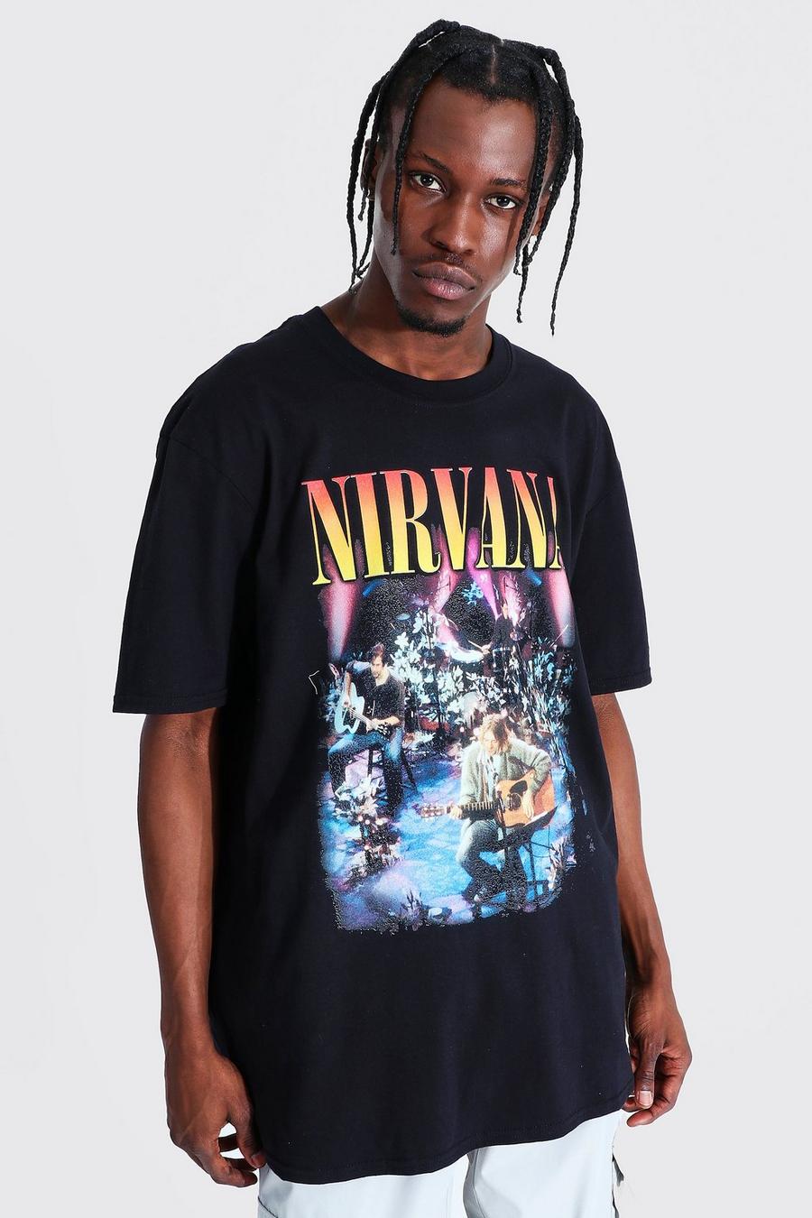 שחור טישרט אוברסייז ממותג עם הדפס הומאז' Nirvana image number 1