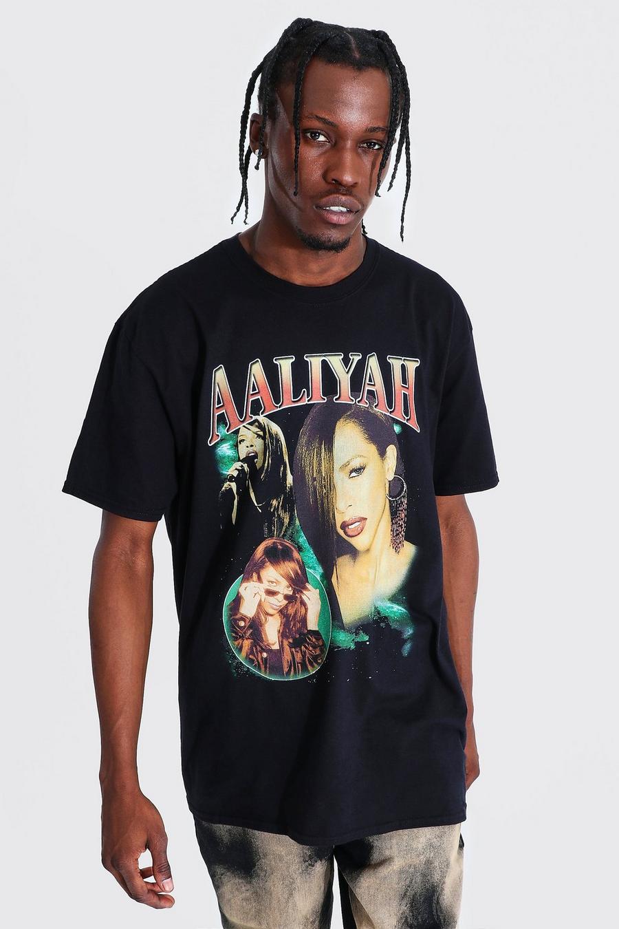 שחור טישרט אוברסייז ממותג עם הדפס הומאז' Aaliyah image number 1