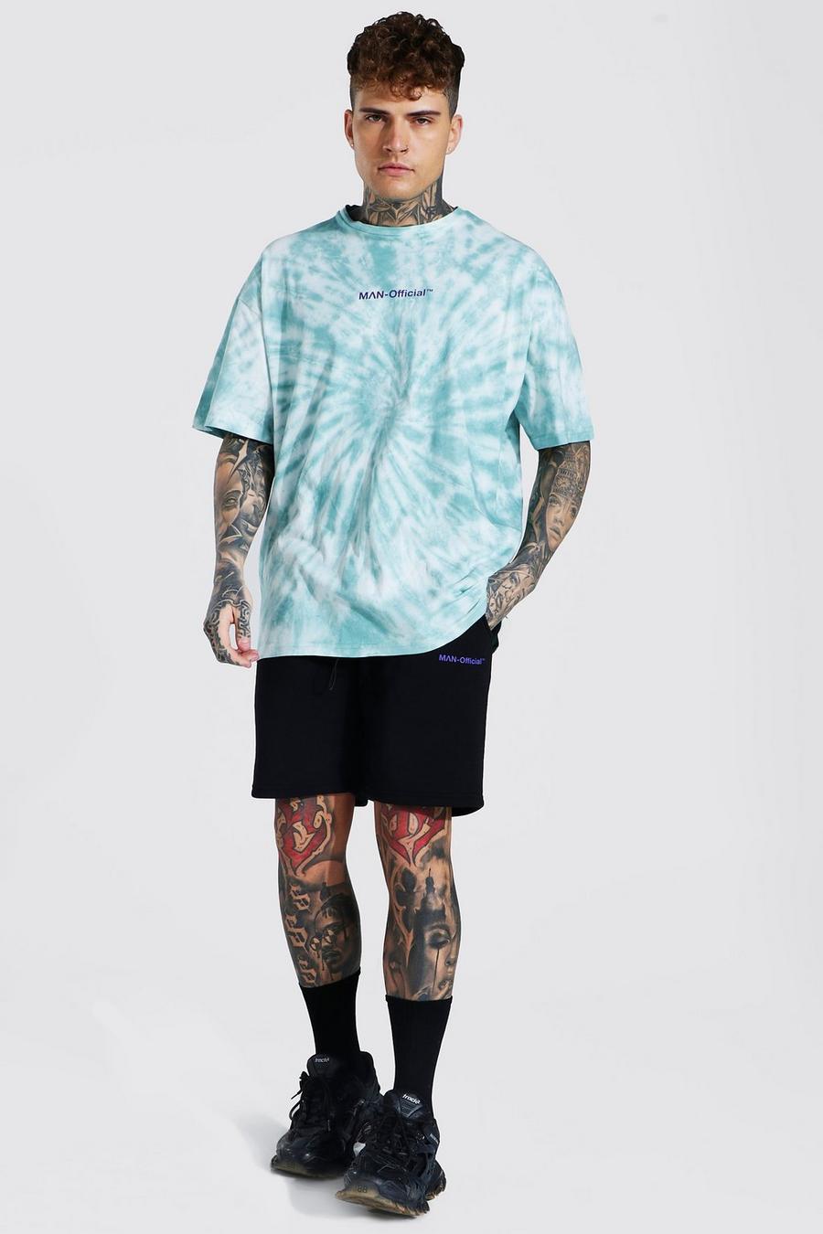 Set oversize con pantaloncini e t-shirt effetto tie-dye con scritta Man Official, Salvia image number 1
