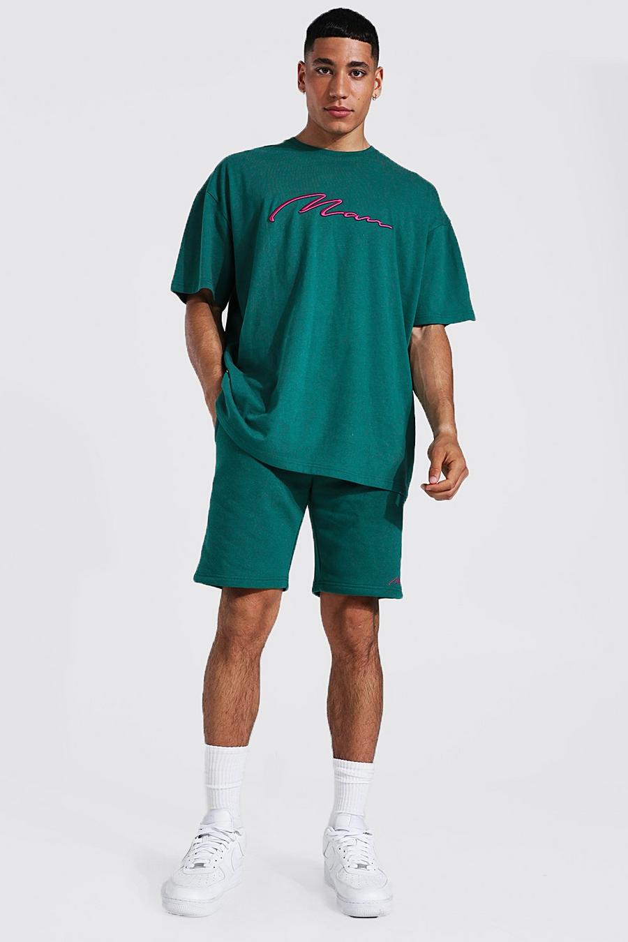 Green Oversized 3D Man Signture T-Shirt En Shorts Set image number 1