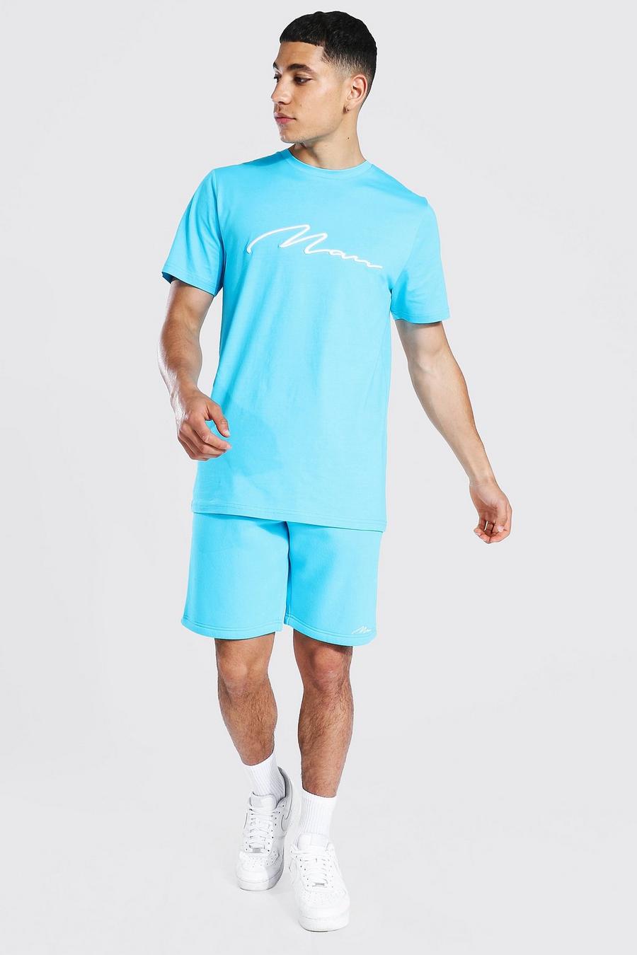 Set T-shirt & pantaloncini con scritta Man ricamata in rilievo, Blue image number 1