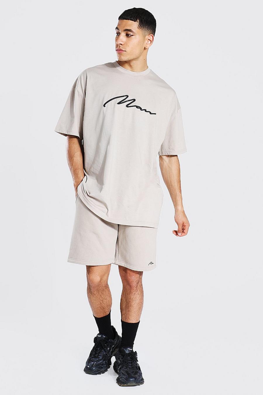 Oversize 3D Man Signature T-Shirt & Shorts Set, Stone image number 1