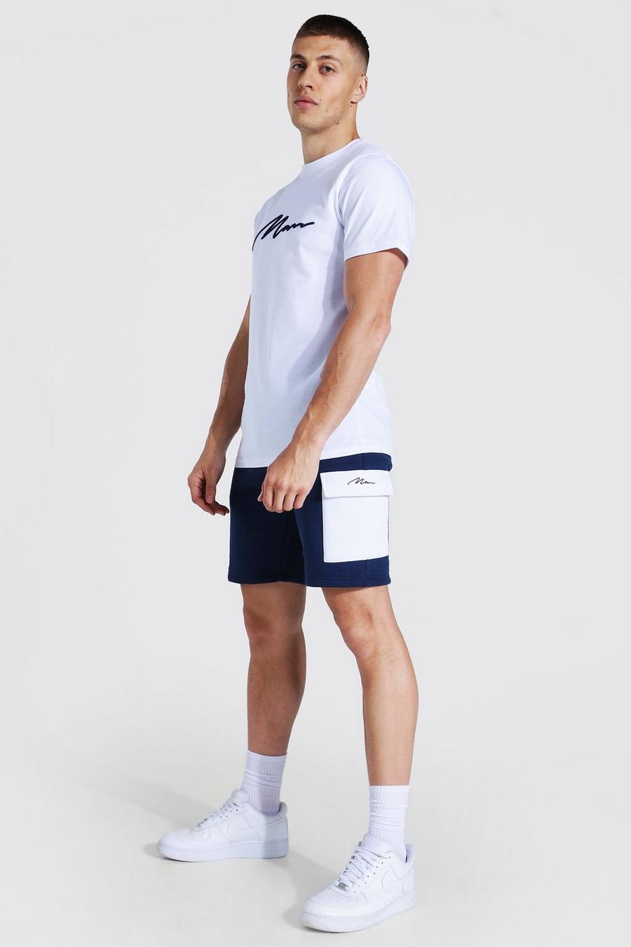 3D Man besticktes Hi-Lo Cargo-Shorts Set, White image number 1