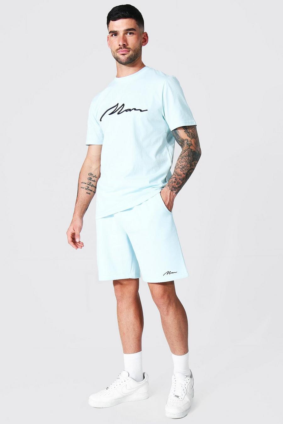 Light blue Oversized 3D Man Signature T-Shirt En Shorts Set image number 1