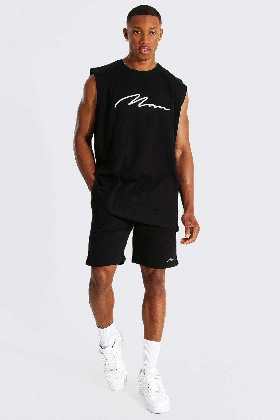 Conjunto de pantalones cortos y camiseta sin mangas con bordado Man en 3D, Negro image number 1