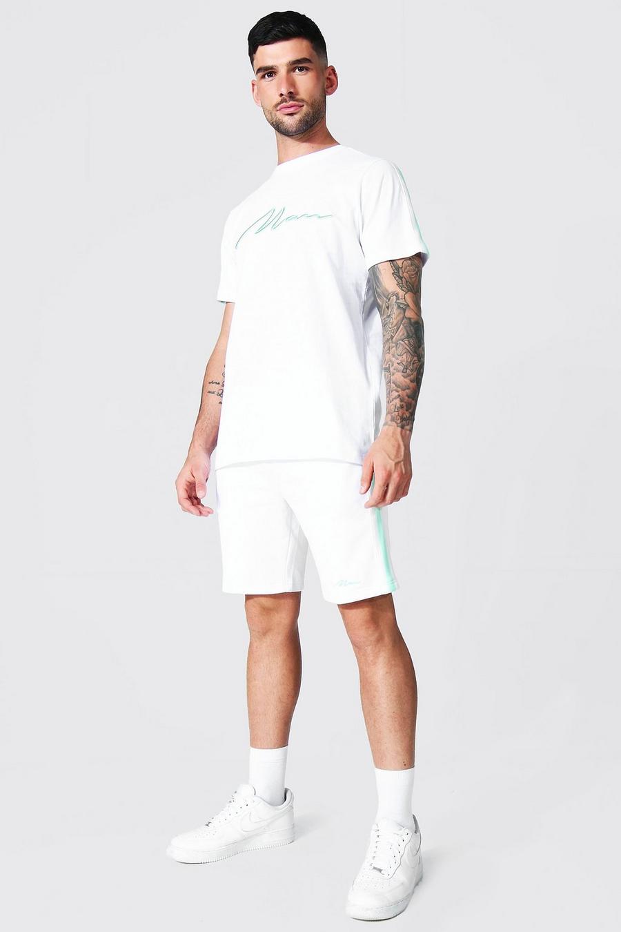 White MAN T-shirt och shorts med kantband och brodyr image number 1
