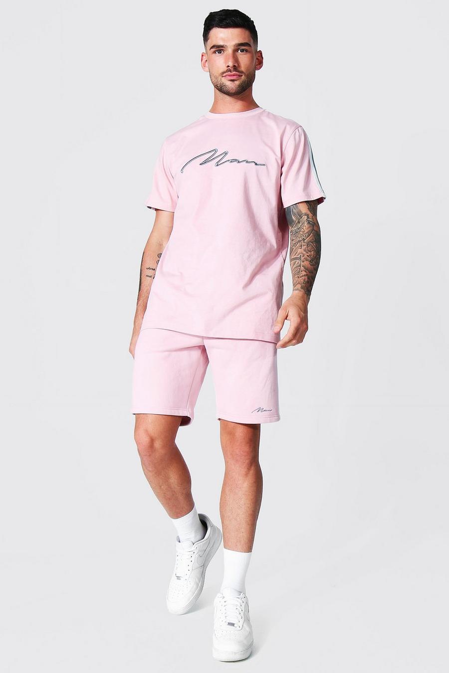 Set coordinato T-shirt & pantaloncini con strisce laterali e scritta Man ricamata in rilievo, Pink image number 1
