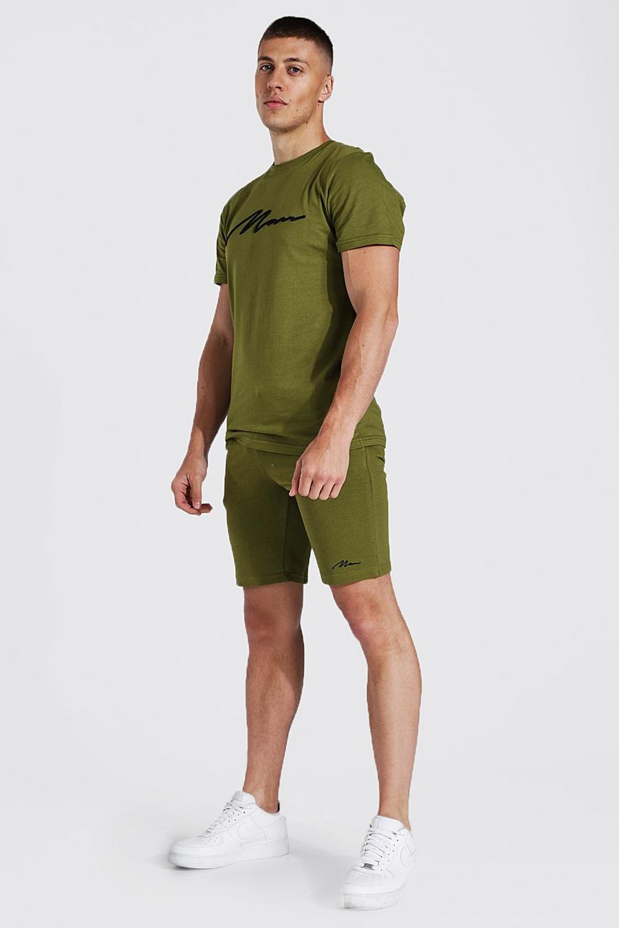 Khaki 3d Man Embroidered T-shirt and Short Set image number 1