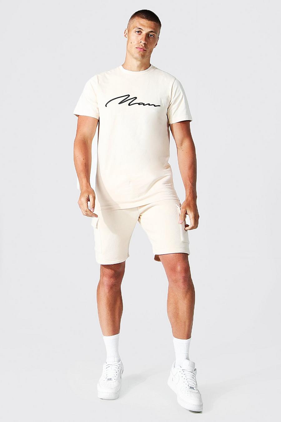 Sand MAN T-shirt och shorts med cargofickor och brodyr image number 1