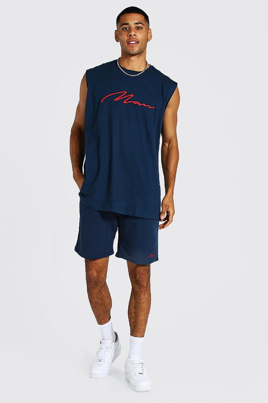 Navy 3d Man Embroidered Tank and Short Set image number 1