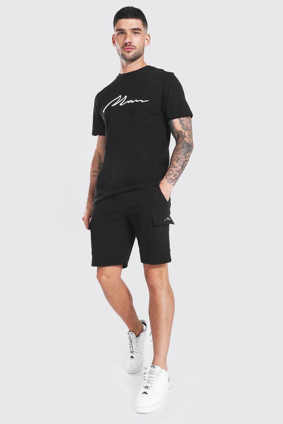 Black 3d Man Embroidered Cargo T-shirt and Short Set image number 1