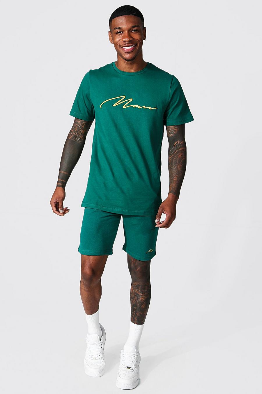 Green 3d Man Embroidered T-shirt and Short Set image number 1