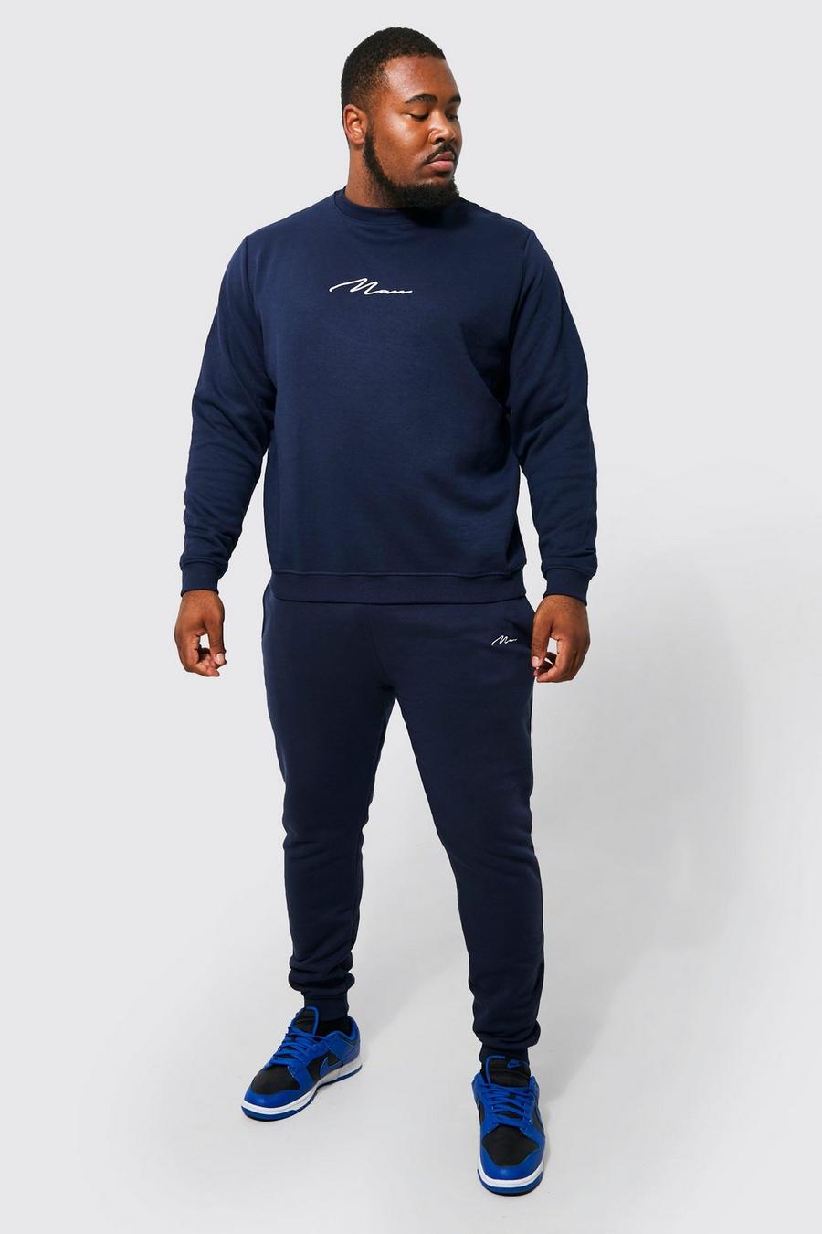 Navy marinblå Plus Recycled MAN Script Sweater Tracksuit