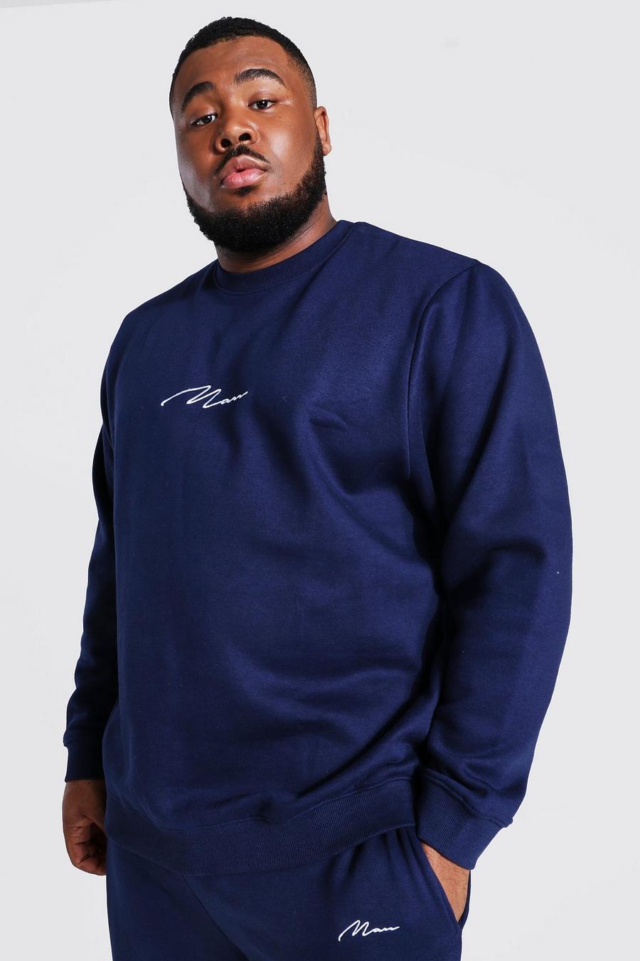 Plus recyceltes Sweatshirt mit Man-Schriftzug, Navy marineblau