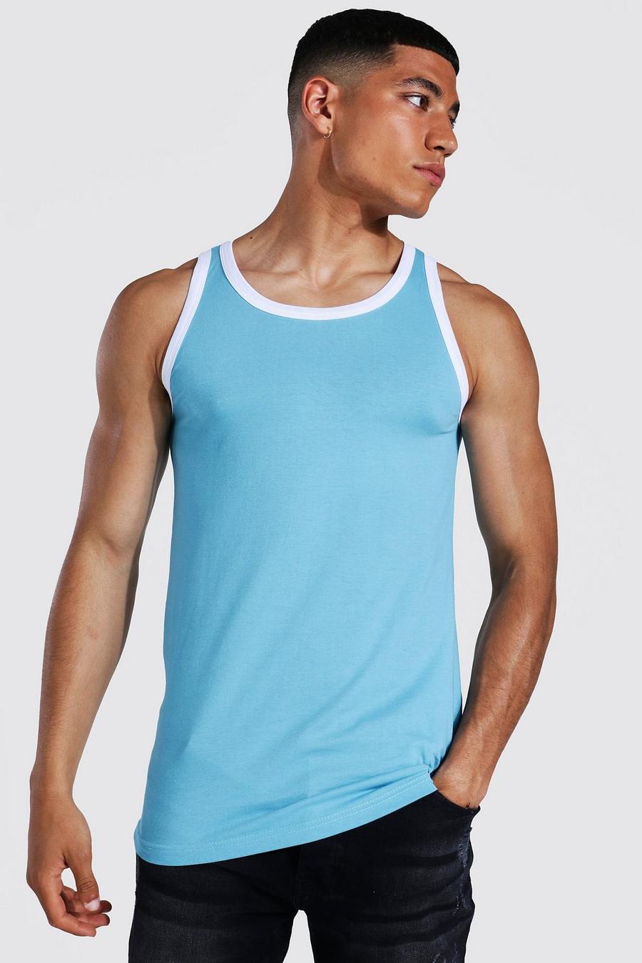 Camiseta sin mangas ajustada al músculo con ribetes, Light blue image number 1