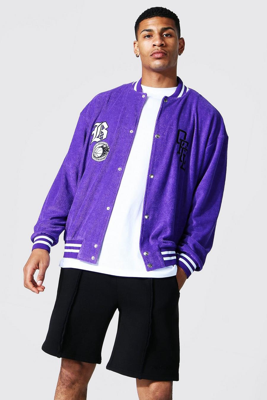 Giacca Bomber oversize Official in spugna con stemma Varsity, Purple image number 1