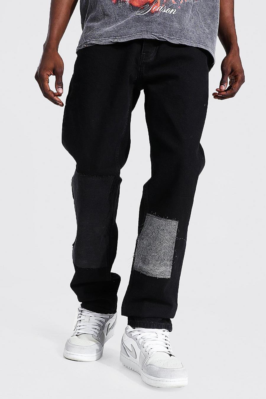 שחור דהוי ג'ינס עם טלאים בגזרה ישרה image number 1