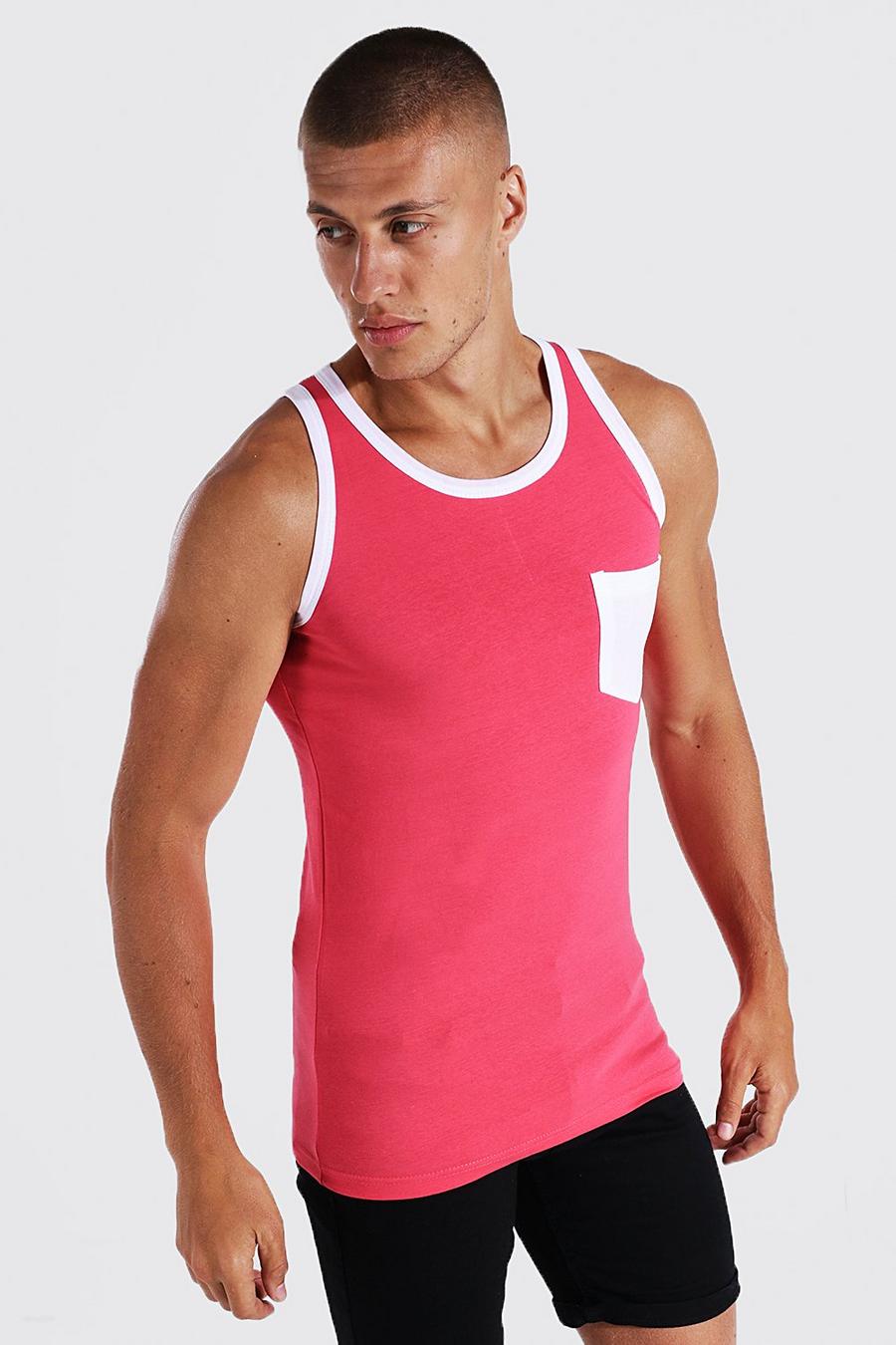 Pink Muscle Fit Contrast Pocket Tank Top image number 1