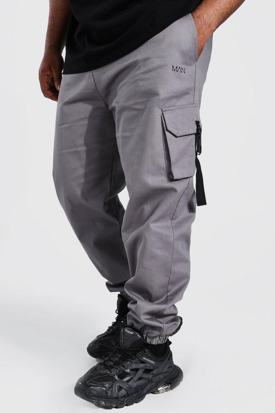 צפחה gris מכנסי ריצה עם אבזם מבד טוויל וכיתוב Original Man למידות גדולות