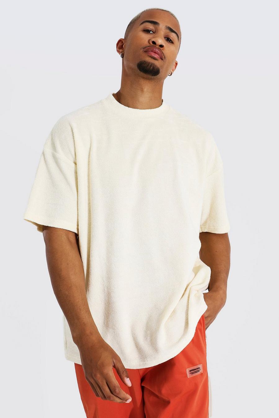 Ecru Oversize t-shirt i frottétyg med hög halsmudd image number 1