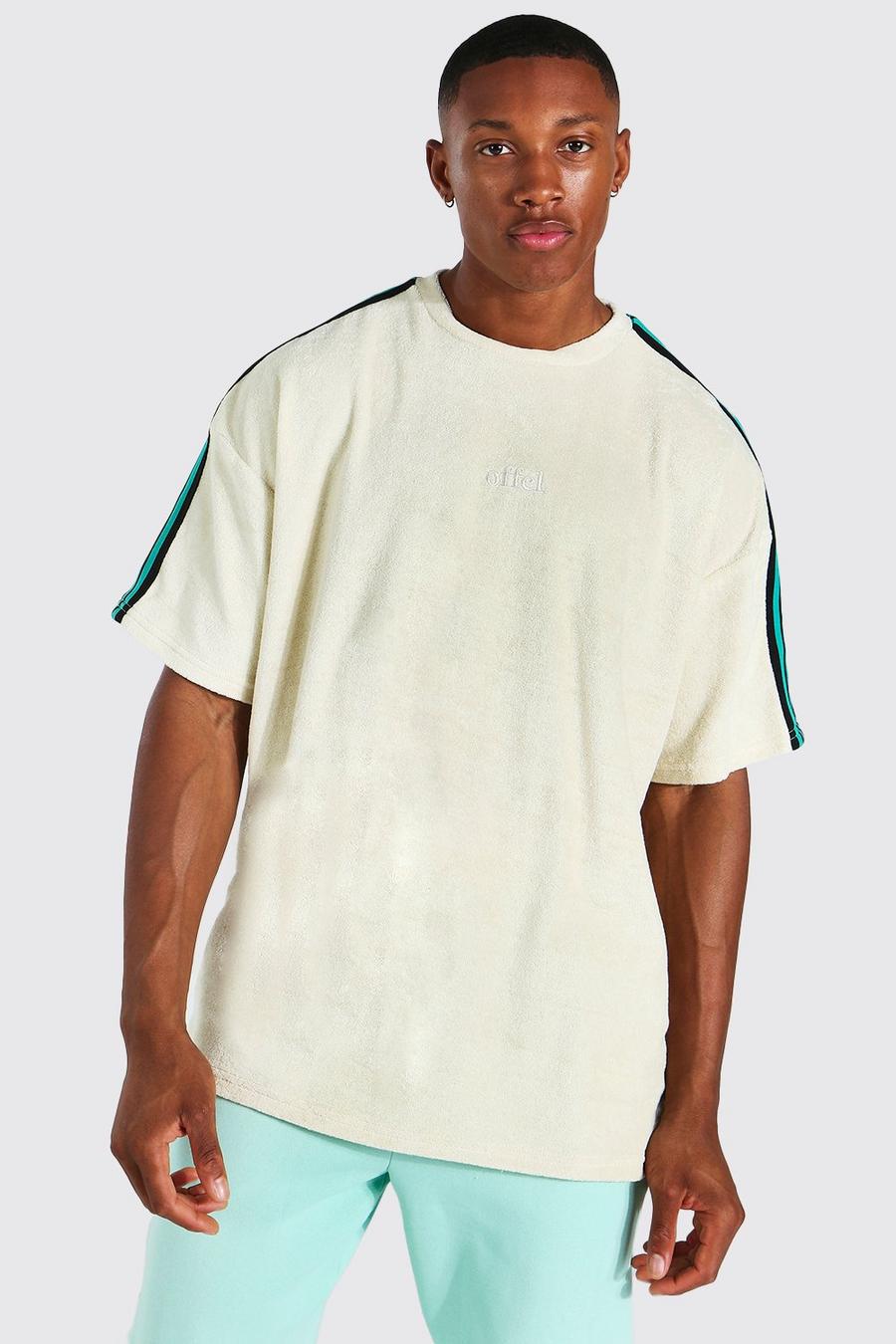 T-shirt oversize in spugna con scritta Offcl e fasce laterali, Écru image number 1