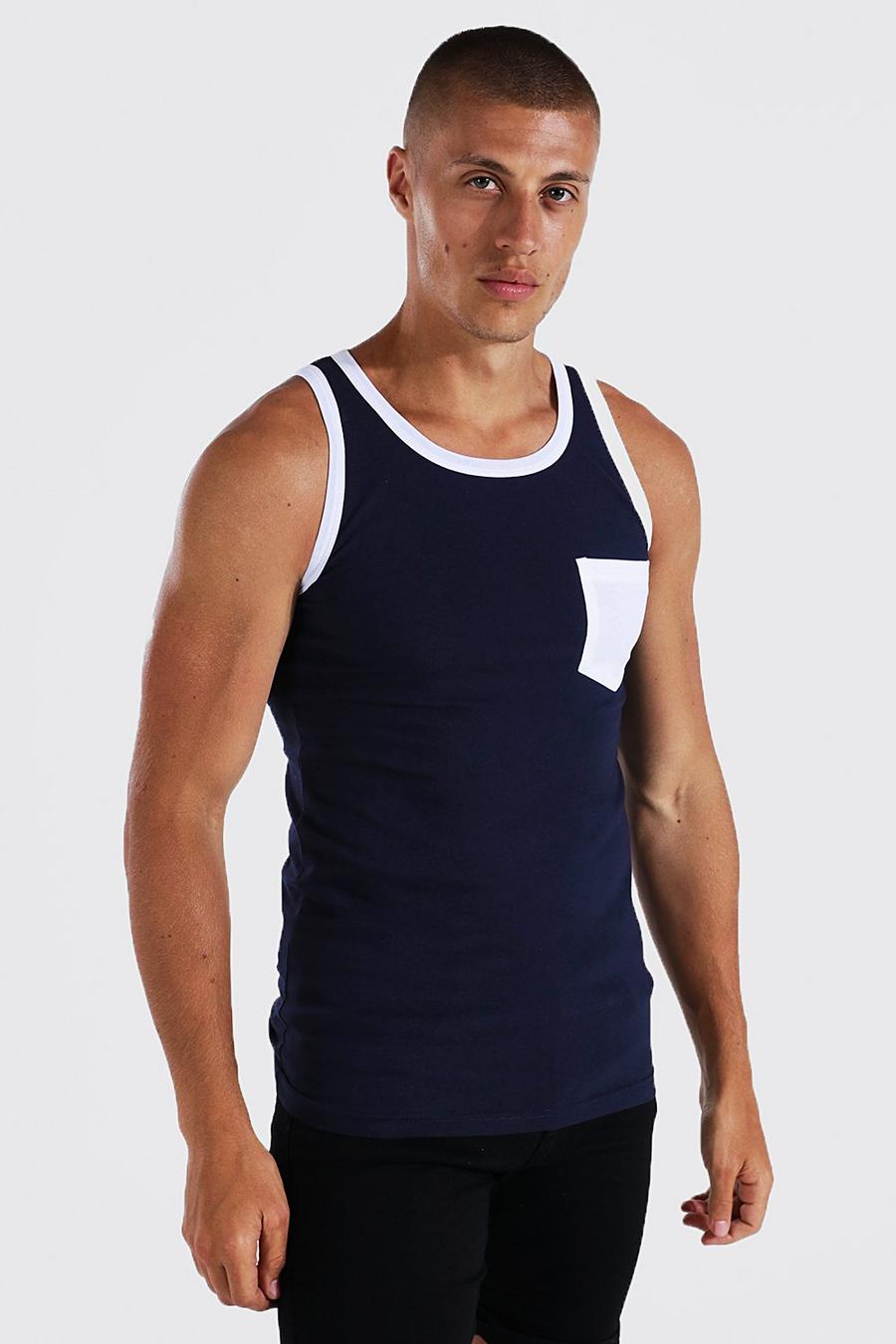 Navy Muscle Fit Contrast Pocket Tank Top image number 1