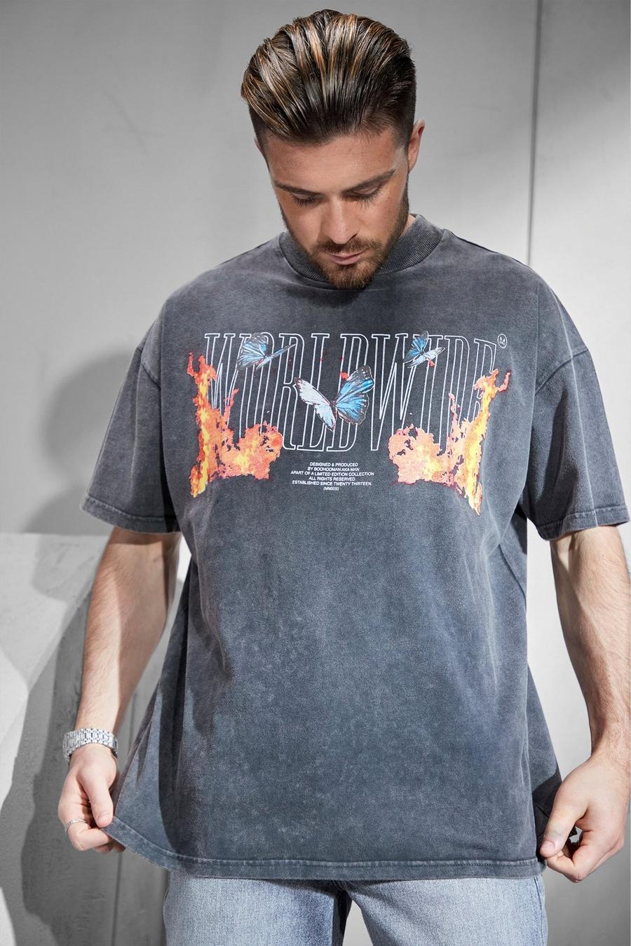 Charcoal Oversized Gebleekt Man T-Shirt Met Brede Nek image number 1
