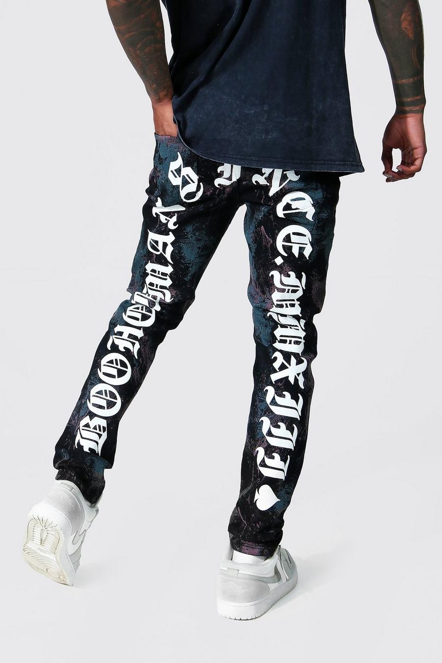 סגול ג'ינס סקיני נמתח טאי-דאי עם הדפס בגב image number 1