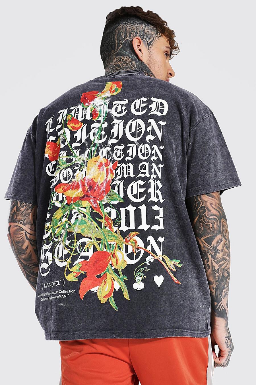 Charcoal Oversized Floral Washed Extended Neck T-shirt image number 1