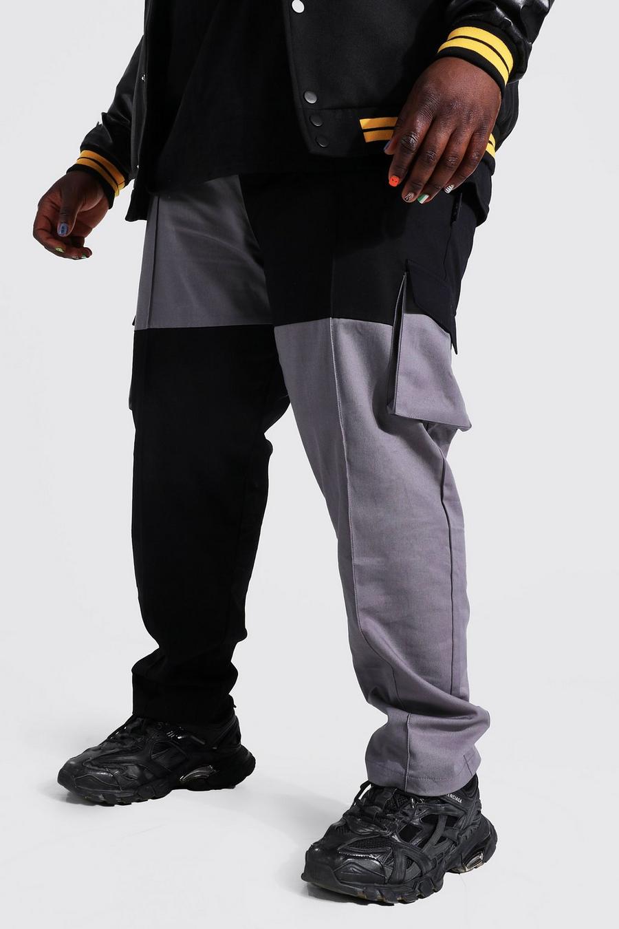 Pantaloni tuta Plus Size stile Cargo Slim Fit effetto patchwork, Black image number 1